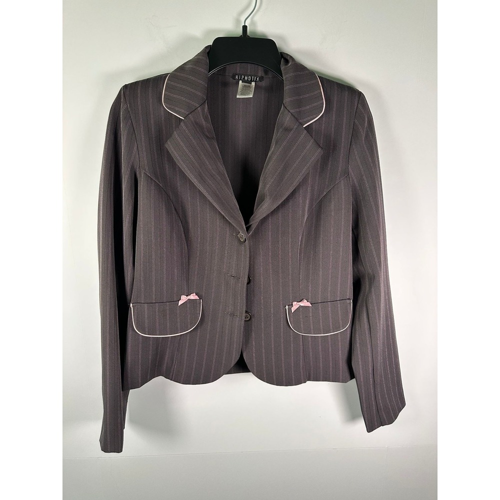 Hipnotix Blazer Womens 5 Pinstripe Pink Trim Bow Pocket Dark Charcoal Tailored